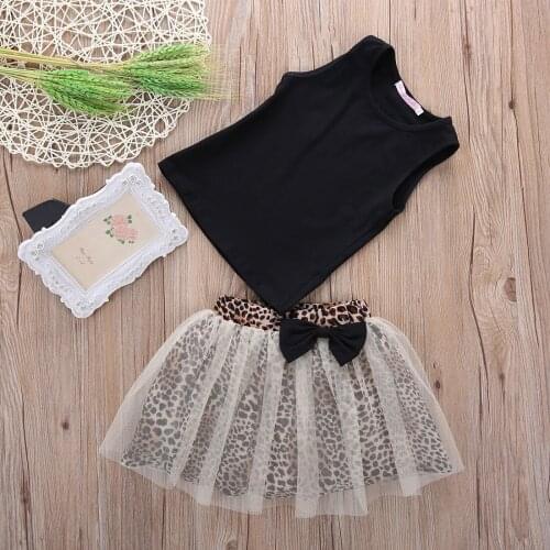 Children Baby Girl 2pcs Vest O-Neck Lace Bow Skirts Clothing Sets Tops Black Sleeveless Leapord 2Pcs sets Summer 1 - 6Y
