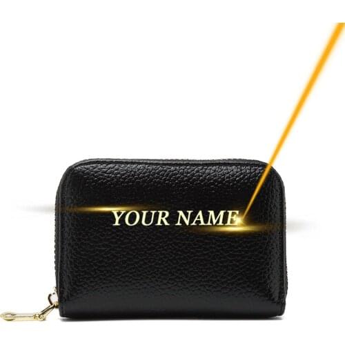 Customized Men Women Rfid Genuine Leather Card Holder Small Wallet Business Zipper Pocket Credit Card Case ID Holders Gift