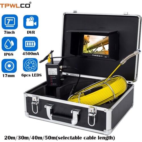 7" Color Monitor Sewer Drain Pipe Inspection Video Camera DVR 20-50m Cable IP68 Waterproof 17mm Endoscope Industrial System