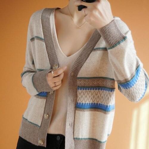 Spring Autumn Warm Comfortable V-neck Cashmere Wool Cardigan Woman Fresh Colorblock Short Jacket Loose Cardigan Knit Sweater