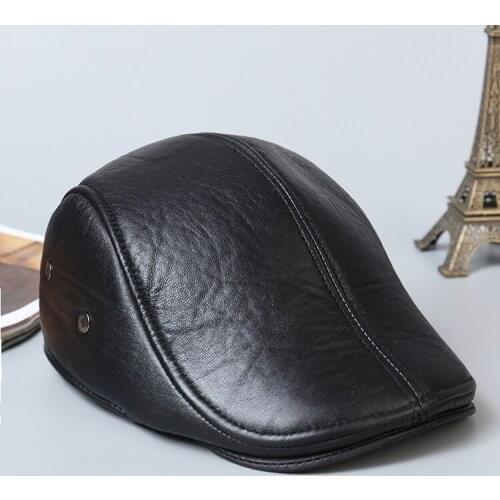 Genuine Leather Sheepskin Beret Hat Earflaps Spring Winter Warm Men Casual High Quality Leather Peaked Flat Ear Protection Cap