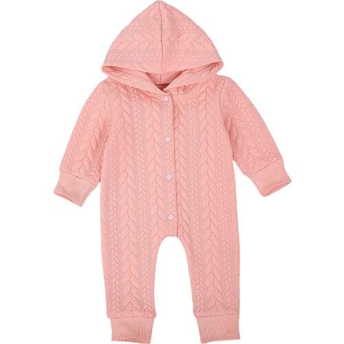 0-24M Newborn Baby Girls Boys Rompers Long Sleeve Autumn Solid Color Single-breasted Hooded Warm Jumpsuits 2 Colors