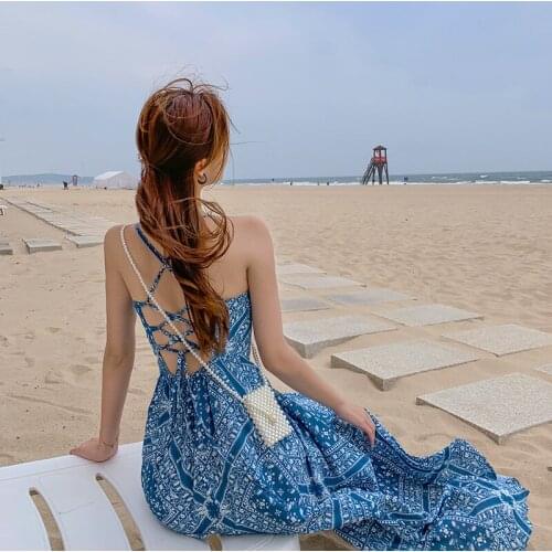 Fashion Backless Spaghetti Strap Women Dress Blue French Elegant Cross Bandage Long Female Sexy 2021 Casual Slip Dress