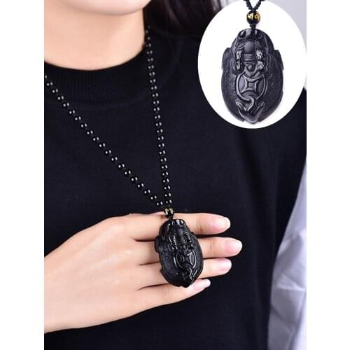 Natural Obsidian Dragon and Turtle Necklace Pendant Hand-carved Dragon and Turtle Black Gemstones Men and Women Lucky Amulet