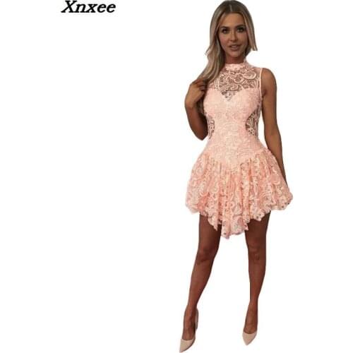 New Sexy See Through Lace Elegant Dresses Women Girls Turtleneck Sleeveless Lace Formal Party Dress Beach Dress Xnxee