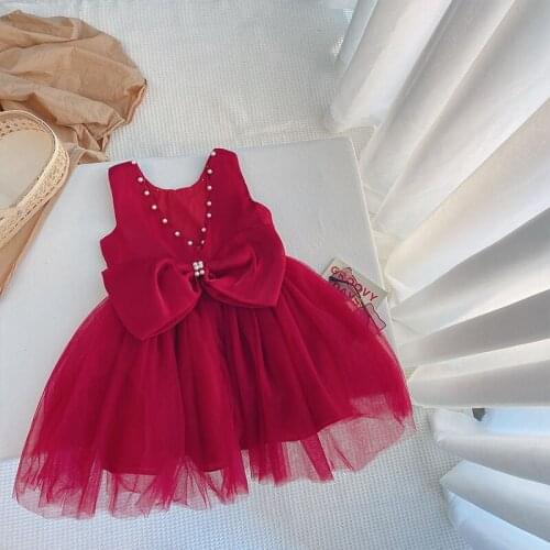 1-6Y Summer V-neck Princess Toddler Pearls Kids Tutu Dress Baby Girls Party Wedding Birthday Dresses with Big Bow Costumes