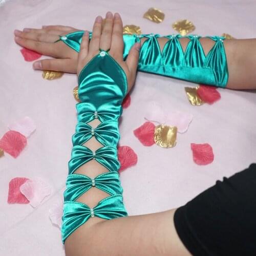 5 Pairs Formal Blue Satin Beaded Bowknot Bridal Dance Gloves Unique Elbow Length Teal Fingerless Evening Party Prom Gloves