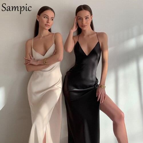 Sampic Spring Bandage Stain Women Long Split Backless Bodycon Dress Party Night Club Black Sleeveless 2021 Summer Ladies Dress