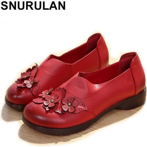 SNURULAN 2020 Autumn Genuine Leather Women Flat Shoes Retro Soft Bottom Mother Shoes Handmade Flower Casual Shoes Gift