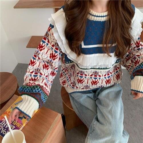 Sweater Womens New Autumn and Winter Stitching Loose and Lazy Wind Outer Wear Korean Style Round Neck Pullover Sweater
