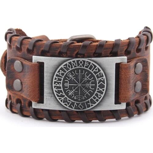 Viking Vegvisir Compass Bangles Nordic Runes Odin Symbol Wrap Genuine Leather Men Jewelry Accessories