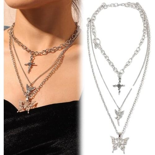 1Set Vintage Multi-layer Angel Cross Butterfly Necklaces For Women Girls Hip Hop Punk Layered Necklace Fashion Jewelry Gifts