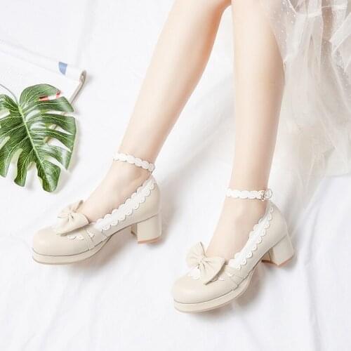 Japanese student sweet lolita shoes vintage round head comfortable women shoes cute bowknot high heel kawaii shoes loli cos