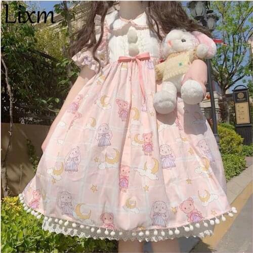 Japanese Sweet Kawaii Lolita Dress lolita Soft Cute Bear Rabbit Printing Op Daily Short-sleeved Dress Princess Tea Party Dress