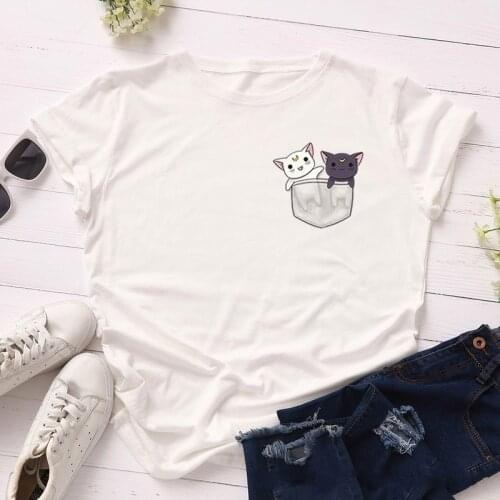 Women T-shirt Summer Short Sleeve Cotton Plus Size S-3XL Cute Pocket Cats Print Funny Casual O Neck Female Tshirt Tees Tops