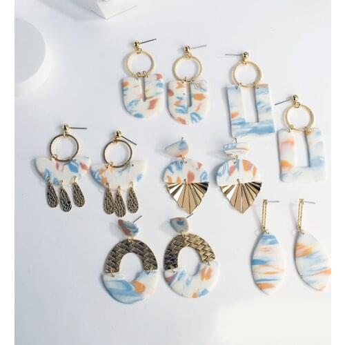 AENSOA white Handmade Abstract Geometric Metal Polymer Clay Earring Fashion Long Drop Dangle Earrings for Women Pendant Jewelry