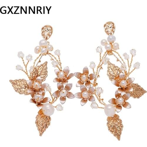 Handmade Metal Leaves Flower Pearl Earrings for Women Accessories Bridal Wedding Drop Earring 2021 Bride Party Jewelry Gifts