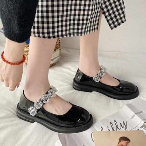 2021 New Spring Women Mary Janes Shoes Crystal flowers Princess Shoes Patent Leather Lolita Shoes Black zapatos mujer 8918C