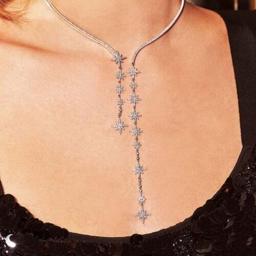 SLJELY Fashion Pure 925 Sterling Silver Fine Statement Open Choker Women Luxury Cubic Zirconia Stars Tassel Necklace