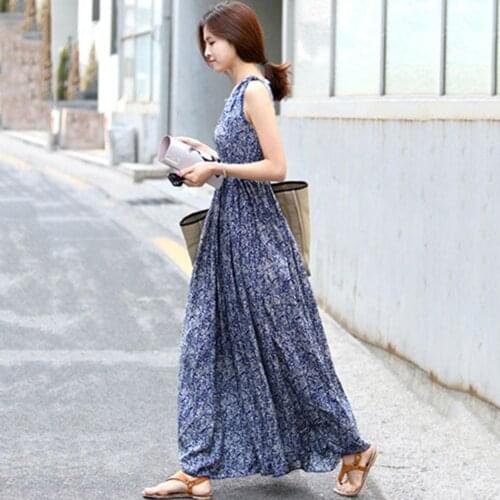 Summer 2021 Women Bohemian Long Dress Sleeveless Floral Print Boho Women Dress Elegant Slim O-neck Spaghetti Strap Beach Dressla