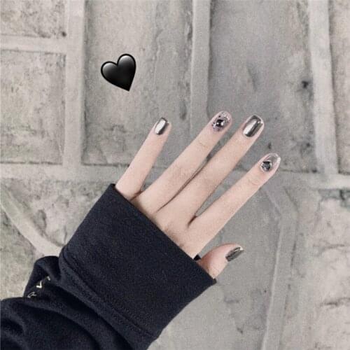 American punk style Smoky black pure color with diamond 3d decorated fake nails 24pcs with glue short lady full nail tips