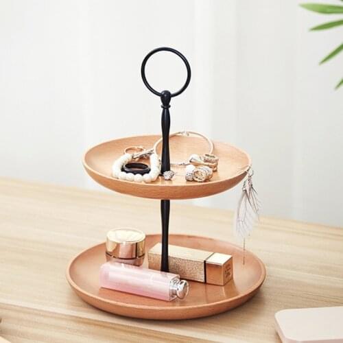 E8BD Wooden Fruit Plate Two Tiered Serving Tray Platter Snack Candy Dessert Cake Dried Fruit Plate Serving Stand Creative Round