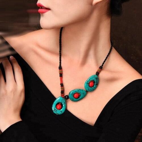 DIY Ethnic Jewelry stones choker vintage pendants necklace blue,fashion handmade weave kniting statement necklace