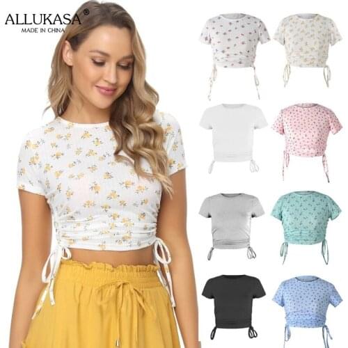 Floral Round Neck T-shirt Short Top 2021 New Fashion Printed Casual Slim Elastic Drawstring Basic T-shirt Retro Street T-shirt