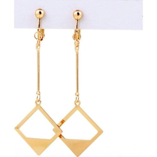Personality Geometric Hollow Square Long Bar Pendant Metal No Ear Hole Screw Ear Clip Brincos Without Piercing Ear Earrings