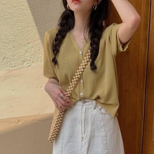 2021 Summer Half Sleeve V-Neck Cardigan Sweater Women Short Knitted T-Shirt Female Korean Student Loose Solid Color Top Trend