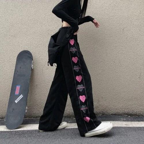2021 Black Korean Heart Print Pants Cute Girl Harajuku Trousers Female Streetwear Summer Autumn Fashion Gothic Sweatpants Women