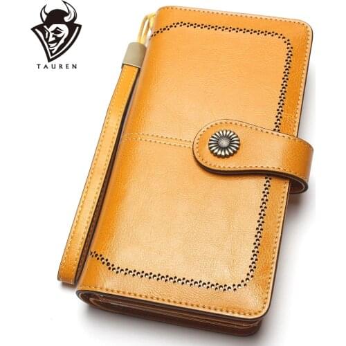 RFID Blocking Vintage Wallet Oil Wax Leather Large-Capacity Leather Wallet Long Bronze Sun Flower Ladies Purse For Women