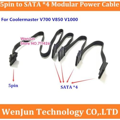 Free Shipping black 5Pin Male to 4 SATA Modular Power Supply Adapter Cable for Coolermaster V850 V700 V1000