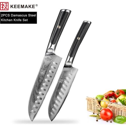 KEEMAKE 7''/ 5'' Santoku Knife Damascus Japanese VG10 Steel Sharp Meat Fruit Cut Chef knife G10 Handle 2PCS Kitchen Knife Set