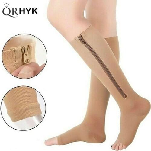New Compression Socks Men Women Support Knee Zipper Socks Female Open Toe Thin Anti-Fatigue Stretchy Sox High Socks Unisex