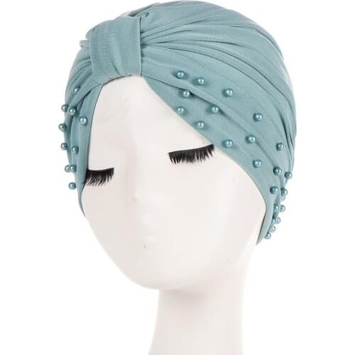 New European and American Crystal Linen Beaded Indian Hat Wrap Turban Hat Muslim Lady Pure Color Folded Simple Turban Hat