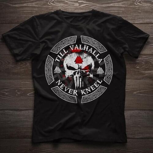 Till Valhalla Never Kneel. Valknut Rune Viking Warriors Skull T-Shirt. Summer Cotton Short Sleeve O-Neck Mens T Shirt New S-3XL