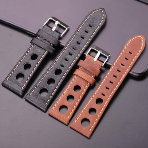 HENGRC Watchbands 22mm 24mm Soft Thin Black Brown Genuine Leather Watch Band Strap Stainless Steel Pin Buckle Watch Accessories