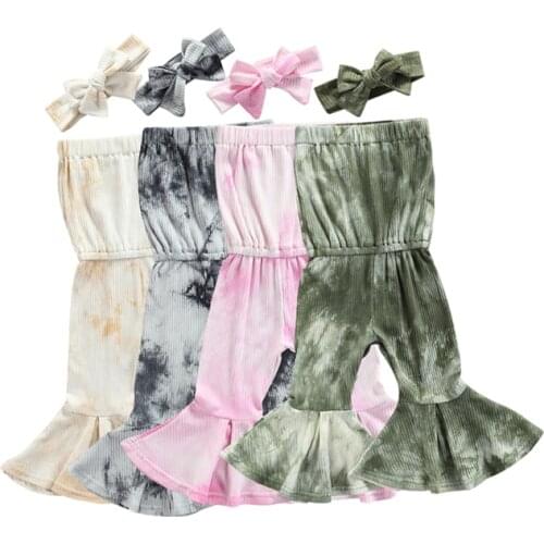 Girls Tie-dye Clothes Set Girls Sleeveless Low-cut Flared Jumpsuit + Bow-knot Headband 2Pcs Off Shoulder Romper Clothes