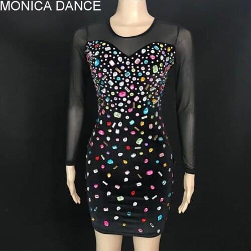 Sexy Stage Multi-color Rhinestone Black Short Dress Birthday Wedding Celebrate Prom Costume Women Dancer Bar Party Velvet Dress