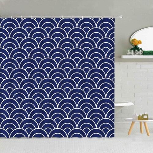 Cartoon Blue Sea Waves Shower Curtains Lifebuoy Star Geometry Ripple Child Waterproof Fabric Bathroom Decor Hooks Curtain Set