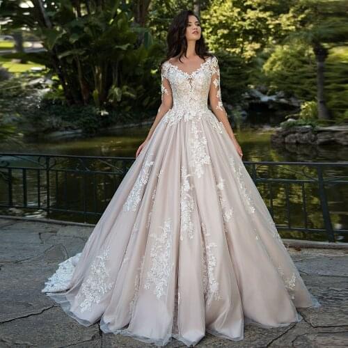 Princess A-line Wedding Dresses Long Sleeve Vestidos De Boda All Over Appliques Lace Wedding Gowns Turkey