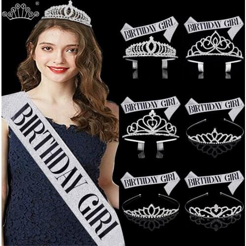 Rhinestone Crystal Crown Tiara Birthday Girl Queen Sash Anniversary Party Decorations Etiquette Shoulder Strap Headbands