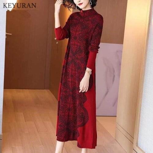 2021 Autumn Winter Half High Collar Knitted Long Dress Womens Elegant Retro Floral Jacquard Sweater Dress Women Party Vestidos
