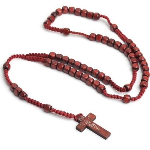 2021 New Rosary Necklace Natural Wood Beads Cross Catholic Pendant Religious Christ Prayer