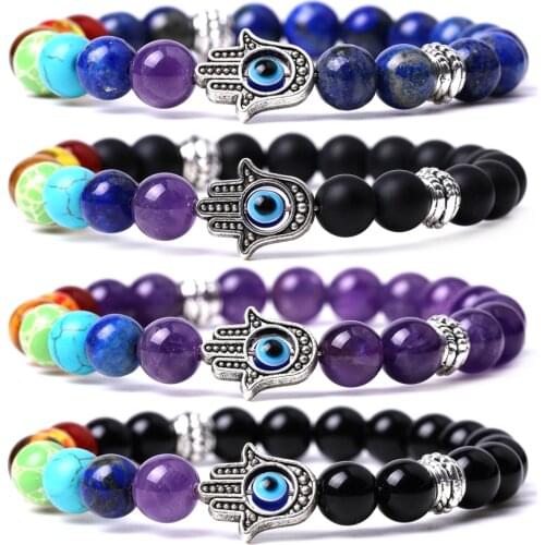 8mm Matte Onyx Howlite Stone Reiki Healing Crystal Yoga 7 Chakra Lucky Eye Hamsa Hand Bracelets For Women Men Jewelry Gifts