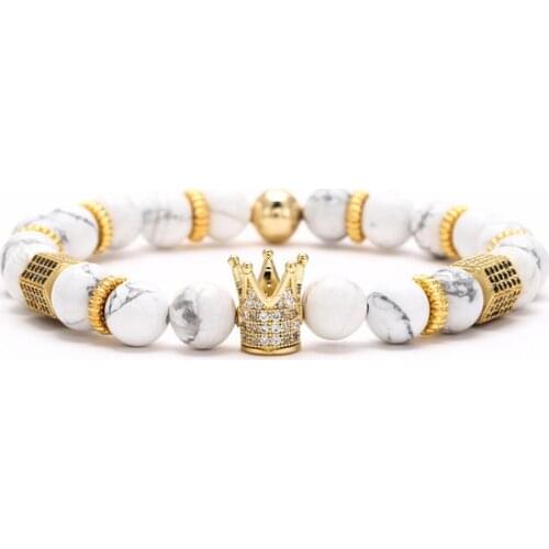 White Turquoise Imperial Stone Natural Stones Bead Victory Crown & Hexagon Shape Paved CZ Zircon Handmade Charm Unisex Bracelet