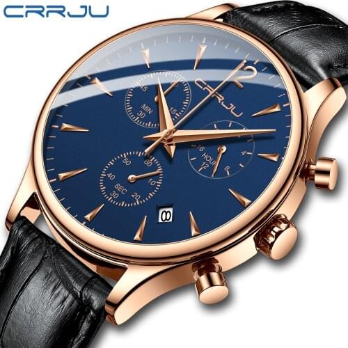 CRRJU Mens Leather Sports Waterproof Watches Fashion Dress Casual Watch for Man Quartz Chronograph Mens Watch reloj hombre