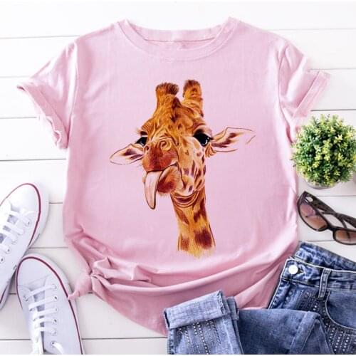 Giraffe Print Pink Woman Tshirts Womens Summer Harajuku Fun Cute Animal Pattern T Shirt Women Tops Casual Short Sleeve T-shirt