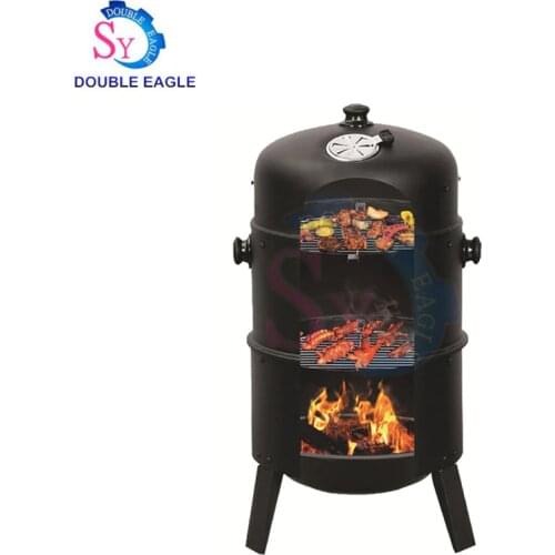 Hot sale three-in-one multi-function bbq grill cylindrical two layer metal burner/household backyard cheap smoker charbroiler